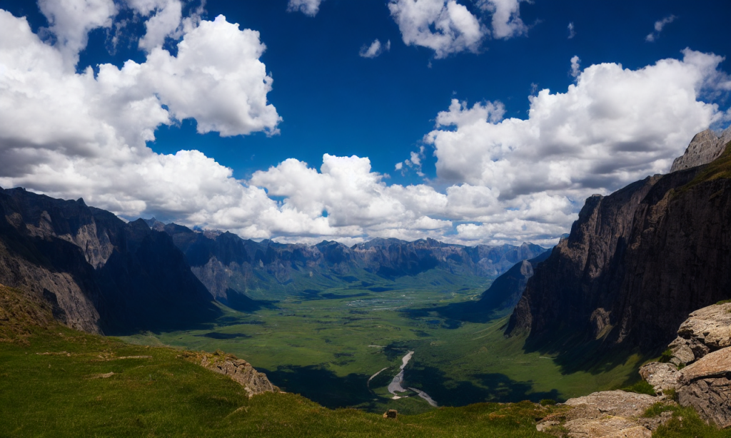 Mountains, cliffs, sky, clouds, sun, trees, grass, river, rocks, waterfalls, wildlife, flowers, colors, beauty, serenity, majesty, vastness, depth, perspective, realism, skill, talent, artistry, wonder, amazement, awe, admiration.