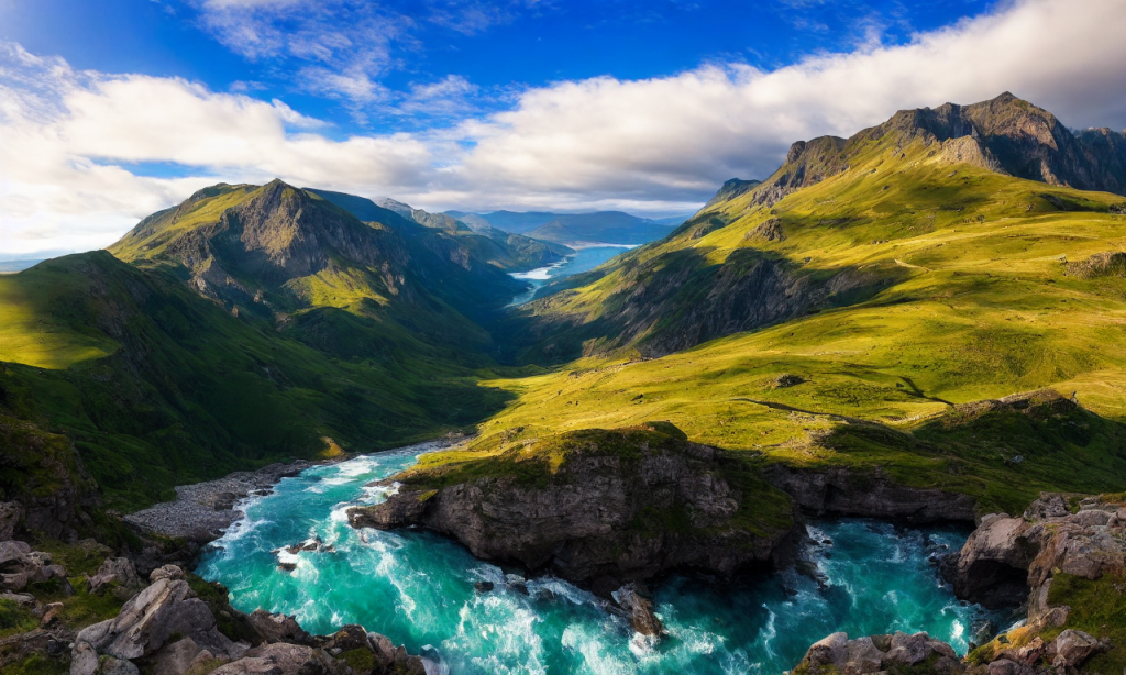 Mountains, cliffs, sky, clouds, sun, trees, grass, river, rocks, waterfalls, wildlife, flowers, colors, beauty, serenity, majesty, vastness, depth, perspective, realism, skill, talent, artistry, wonder, amazement, awe, admiration.