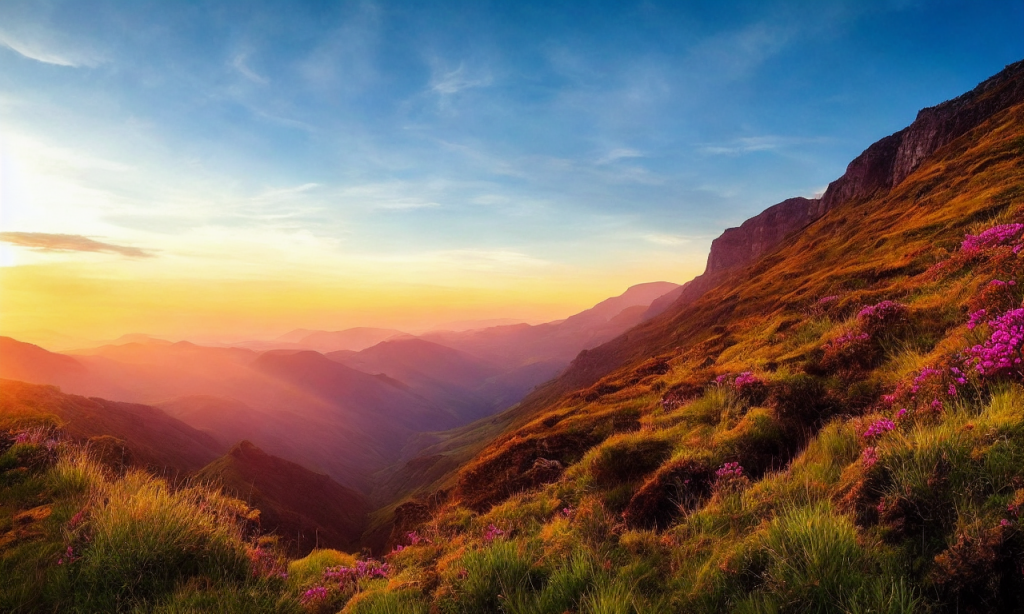 Mountains, cliffs, sky, clouds, sun, trees, grass, river, rocks, waterfalls, wildlife, flowers, colors, beauty, serenity, majesty, vastness, depth, perspective, realism, skill, talent, artistry, wonder, amazement, awe, admiration.