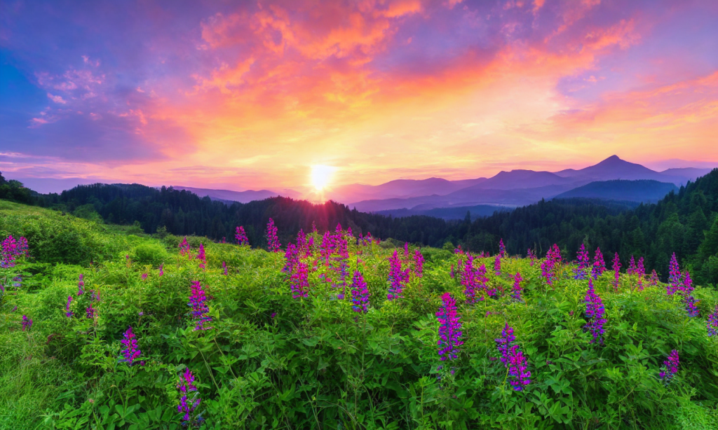 Vibrant, colorful sky stretches above rolling hills and tranquil lake. Majestic mountains tower in the distance. Lush, verdant forests and fields dotted with wildflowers. Sun shining, birds singing. Tranquil scene captured with stunning detail and precision.