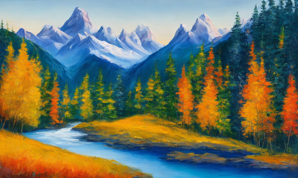 Vibrant hues, sweeping brushstrokes, and majestic peaks form an awe-inspiring abstract landscape painting. Lush forests, sparkling waters, and towering mountains are captured in a mesmerizing display of color and texture. A sense of majesty and wonder permeates the artwork, drawing the viewer into a world of beauty and inspiration.