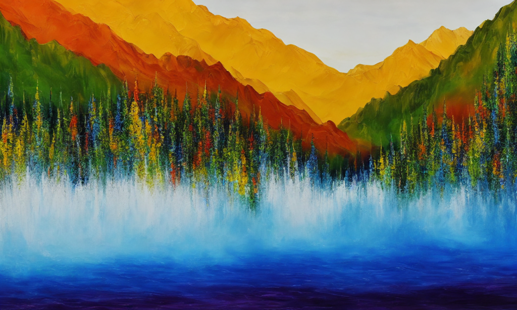 Vibrant hues, sweeping brushstrokes, and majestic peaks form an awe-inspiring abstract landscape painting. Lush forests, sparkling waters, and towering mountains are captured in a mesmerizing display of color and texture. A sense of majesty and wonder permeates the artwork, drawing the viewer into a world of beauty and inspiration.