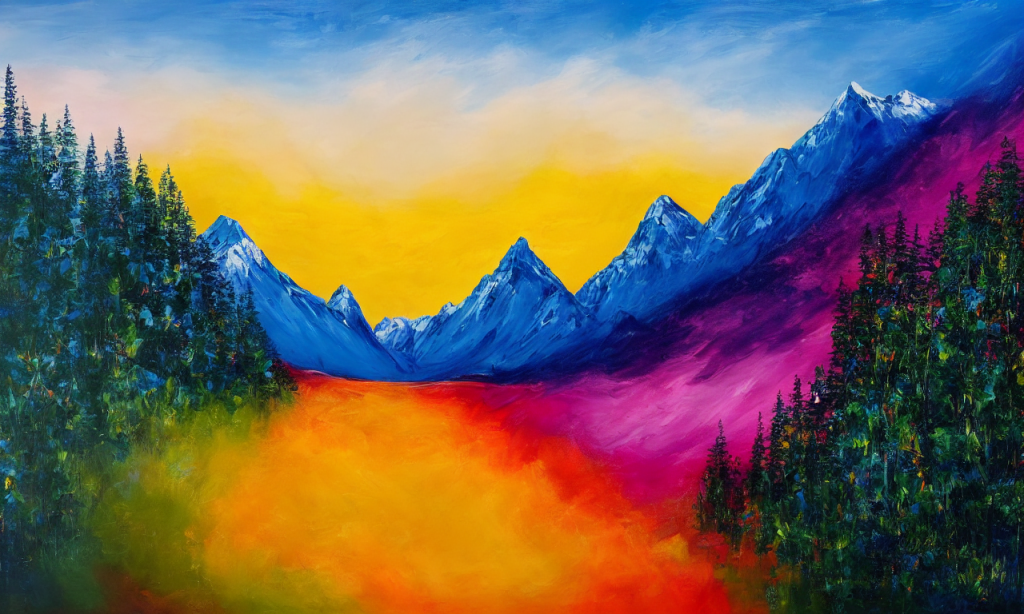Vibrant hues, sweeping brushstrokes, and majestic peaks form an awe-inspiring abstract landscape painting. Lush forests, sparkling waters, and towering mountains are captured in a mesmerizing display of color and texture. A sense of majesty and wonder permeates the artwork, drawing the viewer into a world of beauty and inspiration.