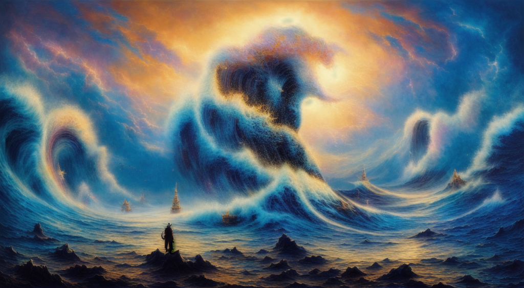 AI generated art by Hous3. An epic scene of a massive abstract wave on a dark beach at sunset with a man looking on