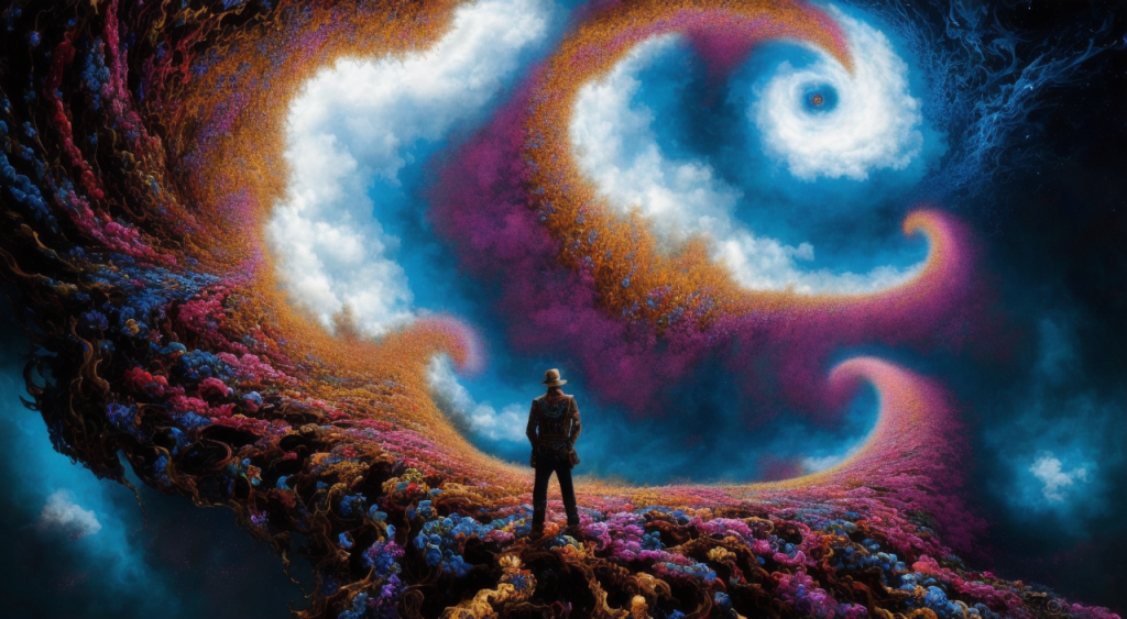 AI generated art by Hous3. A man standing on a field of wild flowers swirling into a fractal shape with clouds in the background