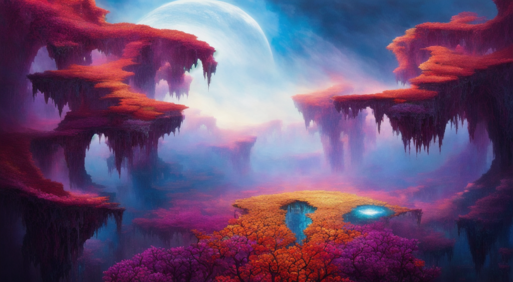 AI generated art by Hous3. Fantasy landscape of floating purple islands with a blue planet in the sky and a forest of flowers below