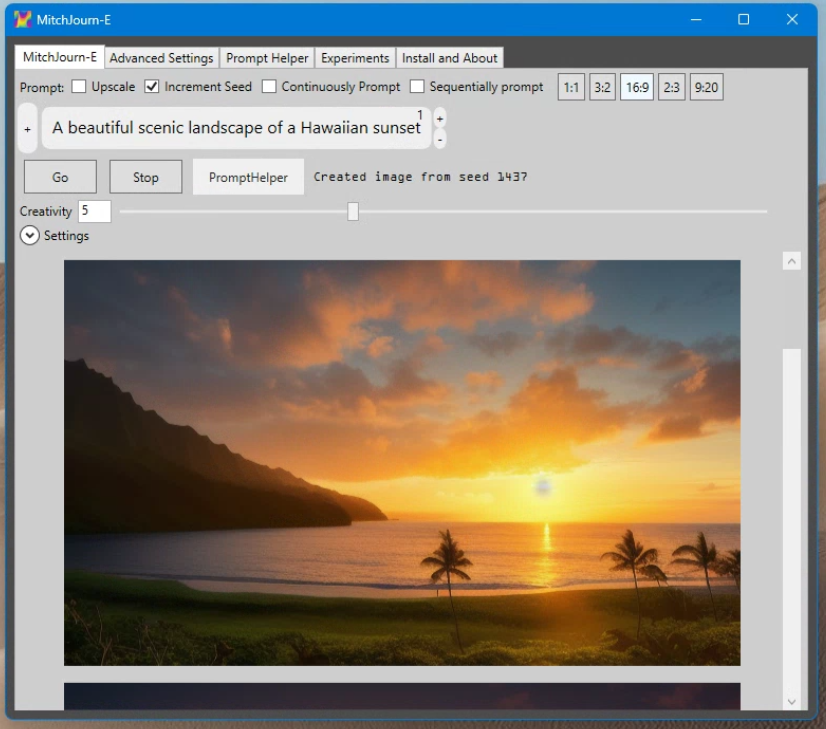 A screenshot of the MitchJourn-E application showing an image generated from the prompt "a beautiful scenic landscape of a Hawaiian sunset"